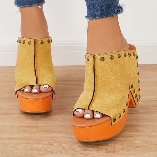 Yellow Vegan Suede Platform Mules Vintage Studded Heeled Clogs
