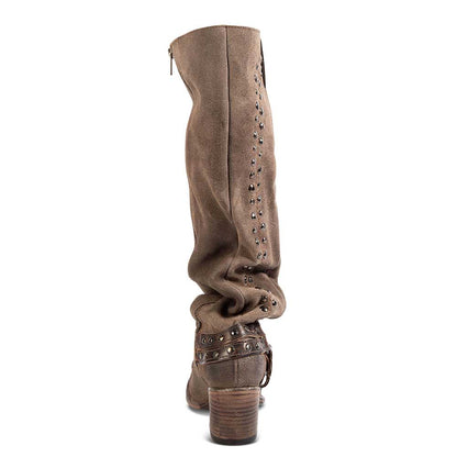 Taupe Faux Suede Square Toe Chunky Heel Studded Knee High Boots