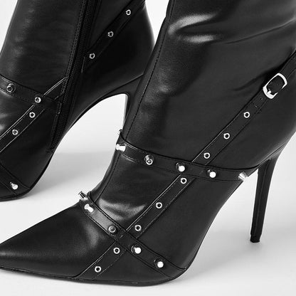 Pointed Toe Studded Strap Stiletto Heel Knee High Boots in Black
