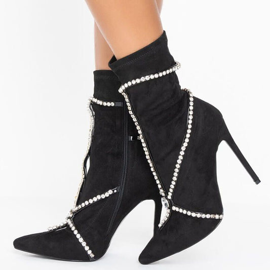 Black Vegan Suede Pointed Toe Rhinestone Stiletto Heel Ankle Boots