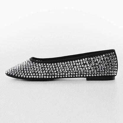FSJ Black Round Toe Comfy Rhinestone Ballet Flats