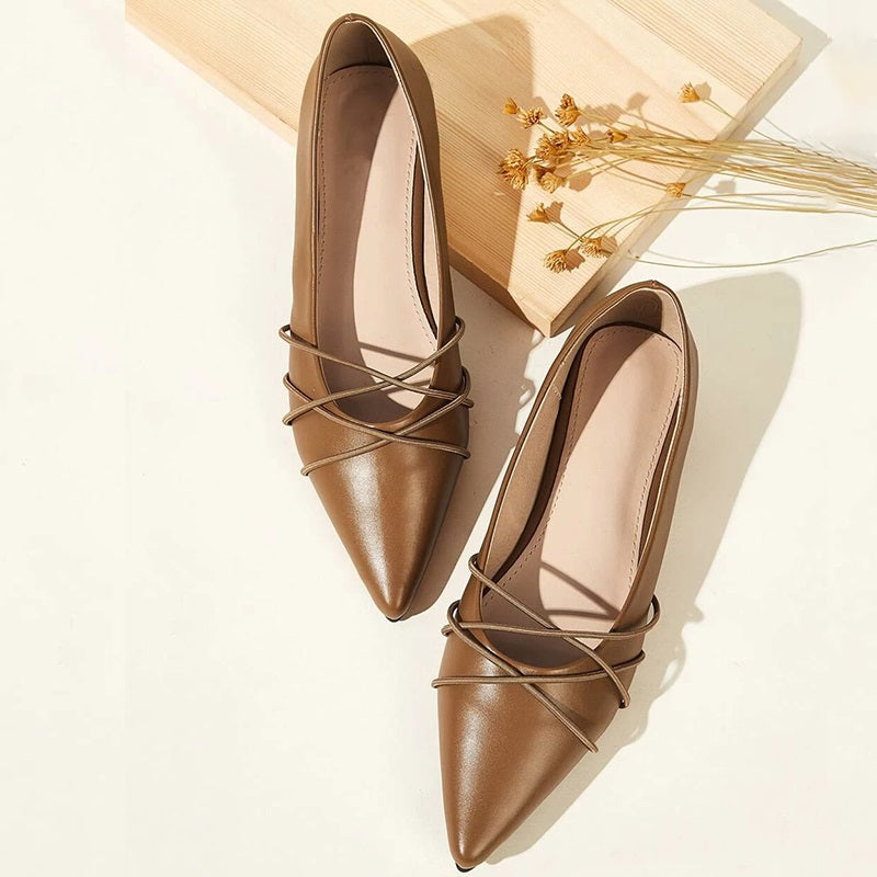 Brown Trendy Shoes Crisscross Straps Front Pointed Toe Flats for Women