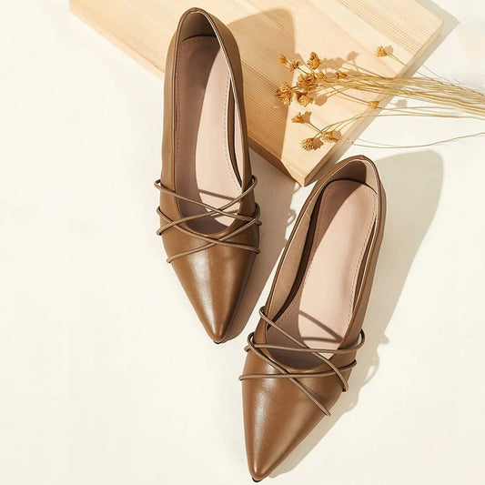 Brown Trendy Shoes Crisscross Straps Front Pointed Toe Flats for Women