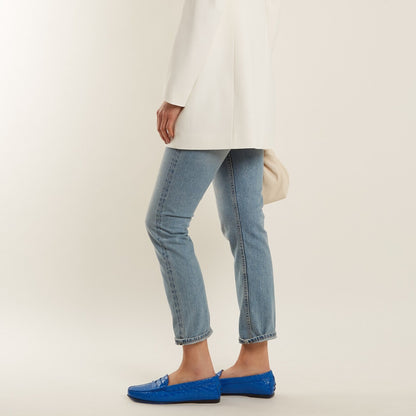 Blue Croco Embossed Round Toe Casual Flats Penny Loafers for Women