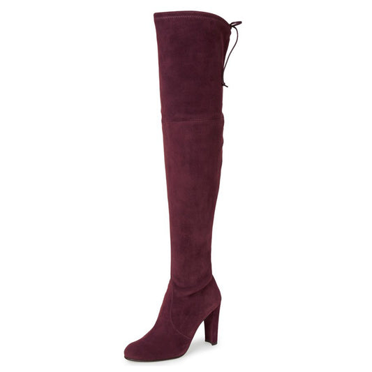 Women's Vegan Suede Burgundy Chunky Heel Round Toe Thigh-High Boots