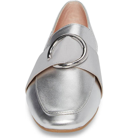 Silver Metallic Finish Square Toe Flats Buckle Decor Women's Loafers