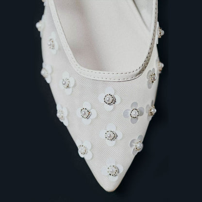 Women's White Mesh Pearl Flower Kitten Heel Pointy Toe Mules Shoes