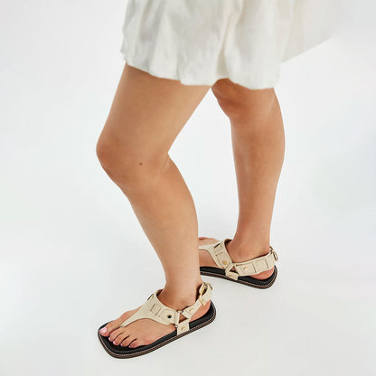 Ivory Hardware Decor T-Strap Open Square Toe Flat Beach Sandals
