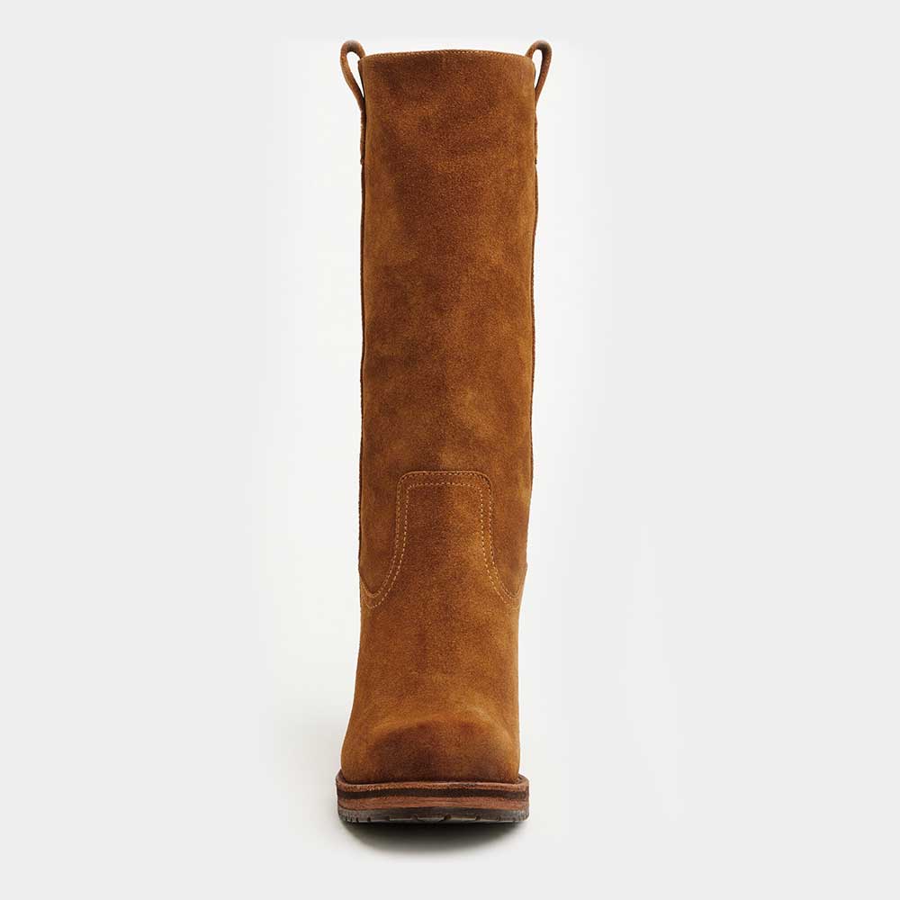 Brown Vegan Suede Round Toe Stacked Heel Classic Mid Calf Boots