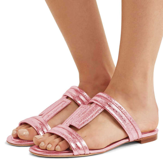 Pink T Strap Flat Beach Sandals
