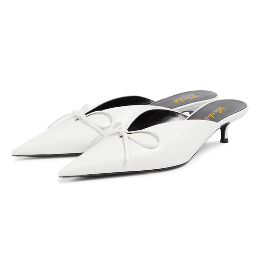 White Bow Tie Pointed Toe Kitten Heel Slip-On Mules for Women