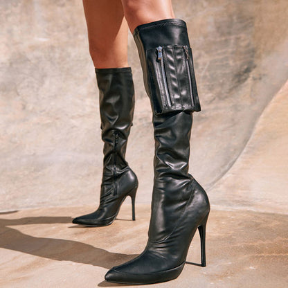 Pointed Toe Stiletto Heel Zipper Up Vintage Knee High Boots