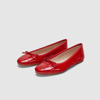 Red Crocodile Embossed Round Toe Bow Embellished Women's Ballet Flats