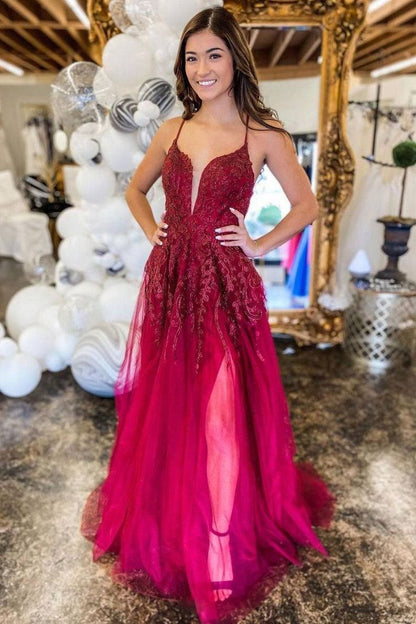 PM455, Burgundy v neck tulle lace long prom dress burgundy evening dress