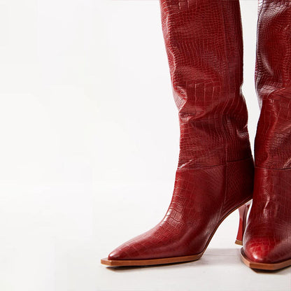 Red Snip Toe 3'' Kitten Heel Wide-Calf Croc Embossed Knee High Boots