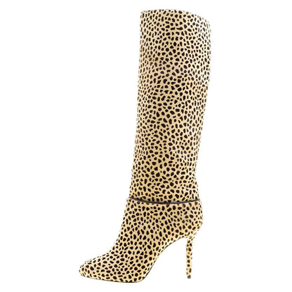 Khaki Leopard Print Stiletto Heels Round Toe Knee High Boots