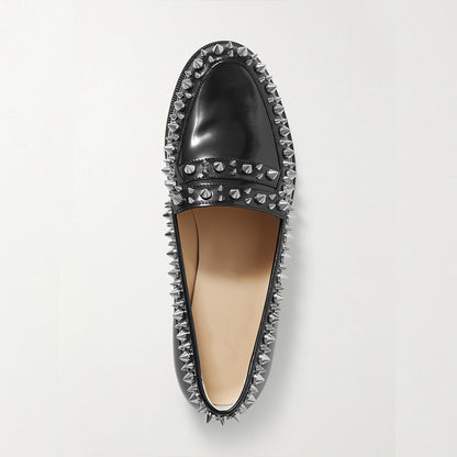 Black Patent Leather Rivet Round Toe Casual Vintage Flat Loafers