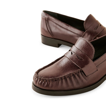 Brown Vegan Leather Ruched Round Toe Flat Penny Loafers Women