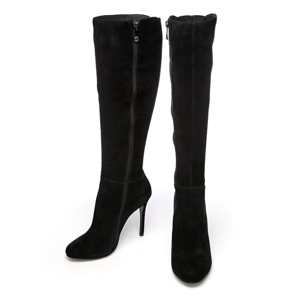 Black Vegan Suede Metal Button Knee High Boots