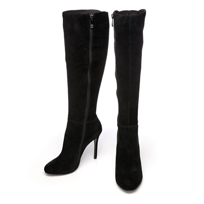 Black Vegan Suede Metal Button Knee High Boots