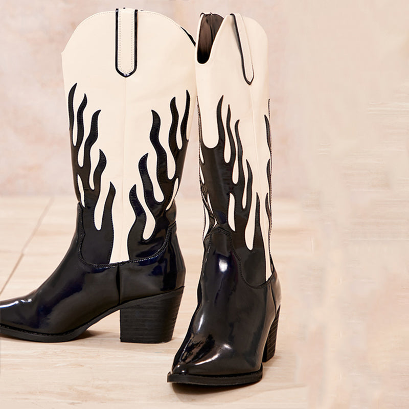 Black & Ivory Block Heel Patent Leather Pointed Toe Mid Calf Boots