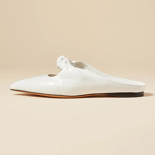 White Crinkled Vegan Leather Pointed Toe Flat Mules with Knot Topped