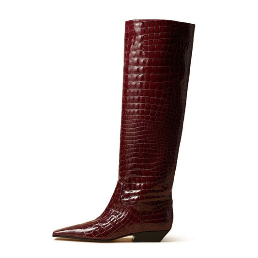 Maroon Crocodile Embossed Square Toe Chunky Heel Knee High Boots