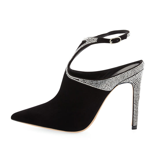 Black Vegan Suede Strap Rhinestones Stiletto Heel Ankle Boots