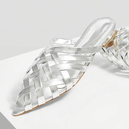 FSJ Metallic Finish Woven Pointed Toe Silver Flat Mules Shoes