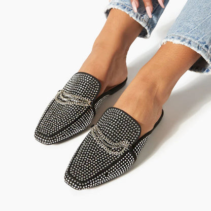Black Square Toe Flats Rhinestones Mule Loafers for Women
