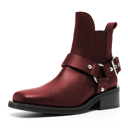 Adjustable Buckle Strap Square Toe Block Heeled Ankle Boots in Maroon