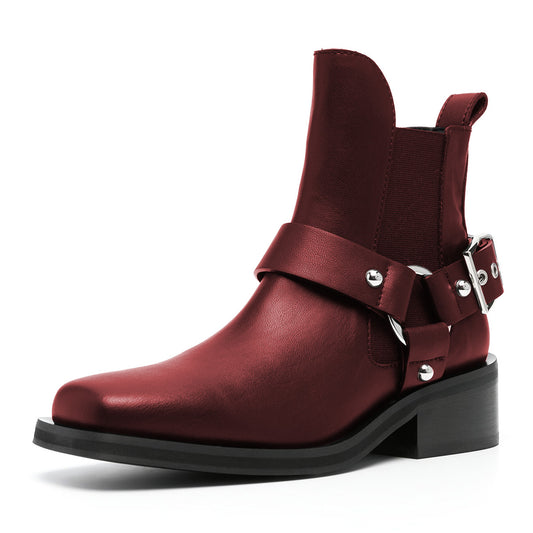 Adjustable Buckle Strap Square Toe Block Heeled Ankle Boots in Maroon