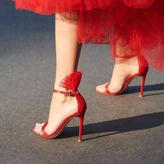 Red Satin Pleated Tulle Ankle Strap High Heels Sandals for Prom