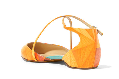 Orange Patent Leather Printed Crisscross Strap Pointed Toe Flats