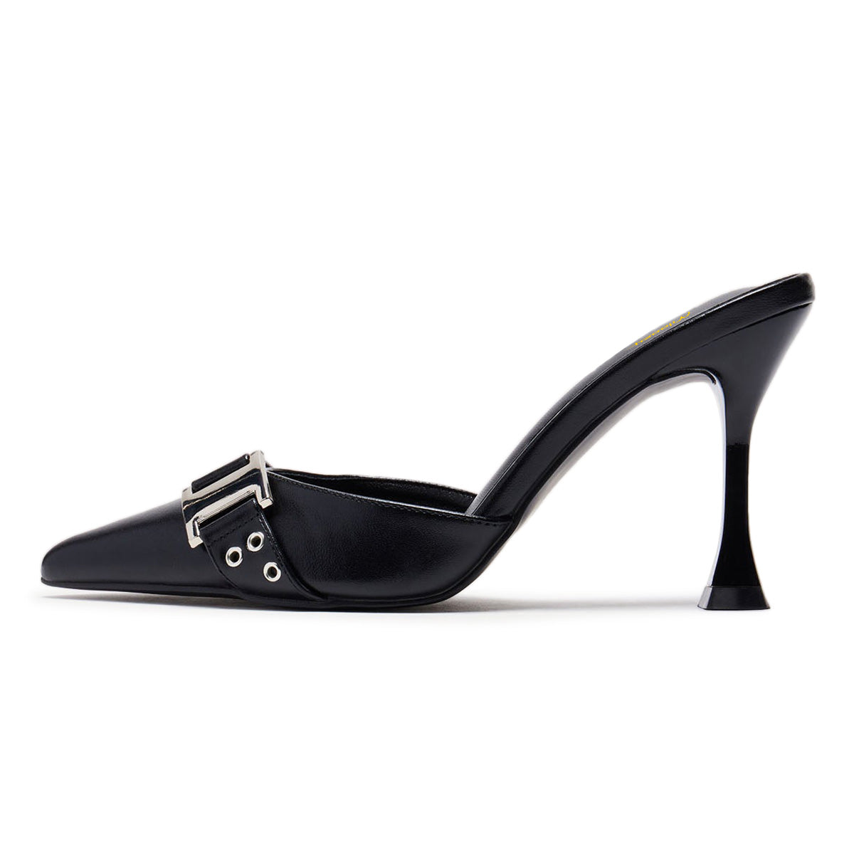 Women's Black Pointed Toe Slip On Studded Flared High Heel Mules