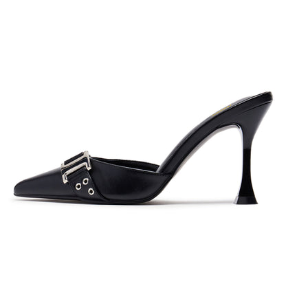 Women's Black Pointed Toe Slip On Studded Flared High Heel Mules