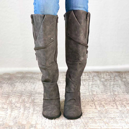 FSJ Grey Vegan Suede Fold-Over Block Heel Knee High Boots for Women