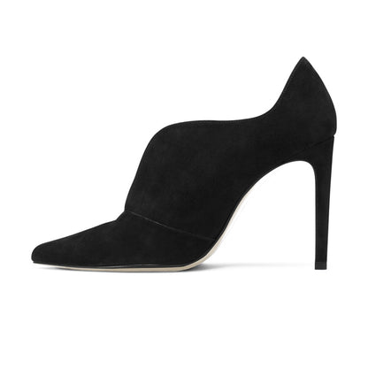 Black Stiletto Heels Vegan Suede Pointed Toe Ankle Boots