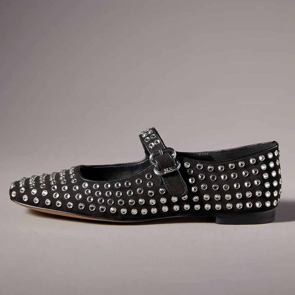 Black Square Toe Studded Buckle Fastening Mary Jane Flats