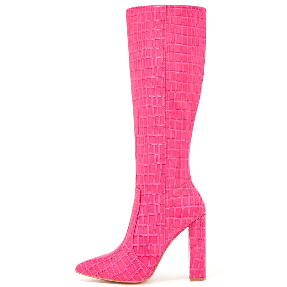 Stylish Pink Pointed Toe Embossed Block Heel Knee High Boots