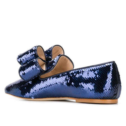 Navy Blue Sequined Slip On Pointed Toe Flats with Bow