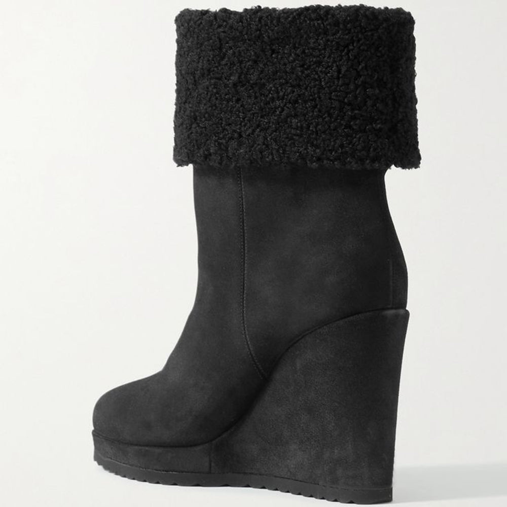 Women's Vegan Suede Round Toe Fuzzy Fold Over Wedge Boots in Black