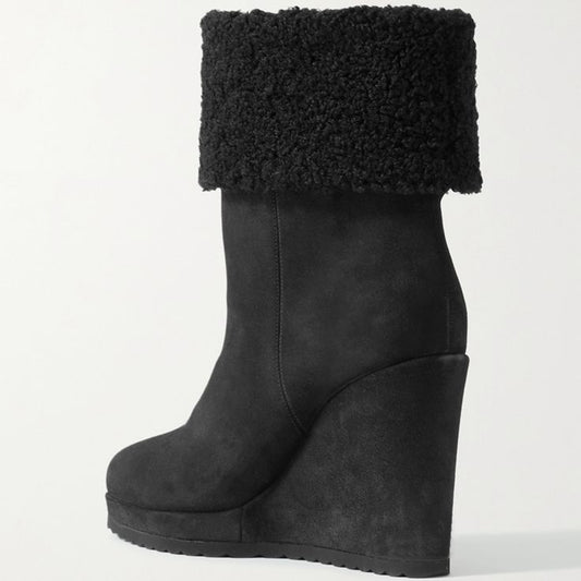 Women's Vegan Suede Round Toe Fuzzy Fold Over Wedge Boots in Black