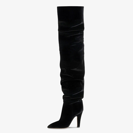 Black Velvet Chunky Heel Slouchy Pointed Toe Over The Knee Boots