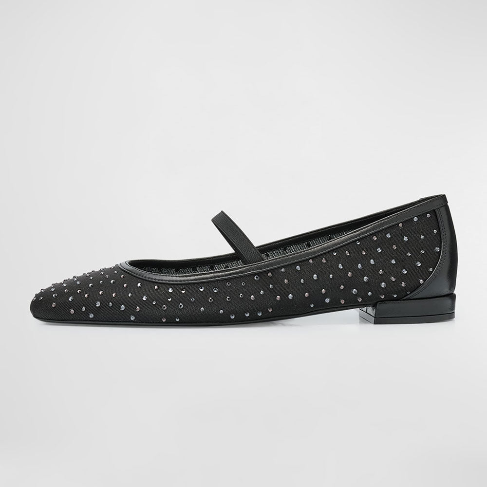 Elegant Crystal Embellished Mesh Round Toe Ballet Flats in Black
