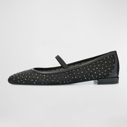 Elegant Crystal Embellished Mesh Round Toe Ballet Flats in Black