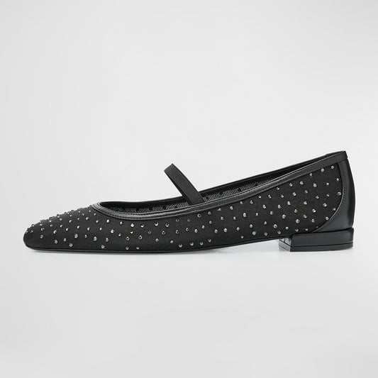 Elegant Crystal Embellished Mesh Round Toe Ballet Flats in Black