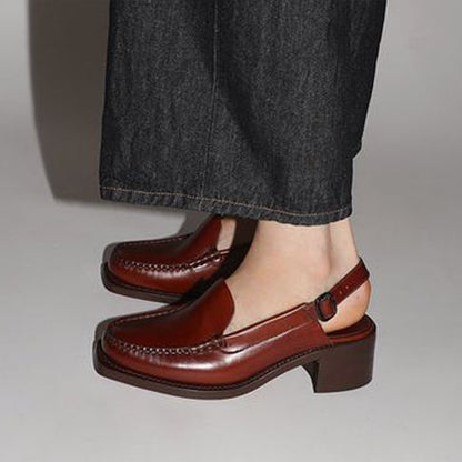 Brown Closed Toe Slingback Loafers With Low Chunky Heels