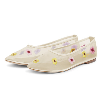 Ivory Mesh Round Toe Floral Embroidered Casual Ballet Flats