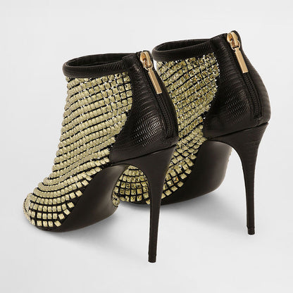 Black & Gold All-Over Rhinestone Mesh Stiletto Heel Ankle Boots